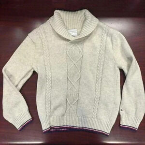Tommy Hilfiger Boys Knitted Sweater Ribbed Shawl Collar Logo Beige Size 7